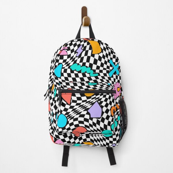 Item preview, abstract colorful y2k retro revival geometric funky groovy scattered shapes on wavy checkerboard designed and sold by artgeige.