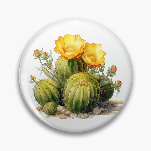 Item preview, Beautiful watercolor illustration of blooming barrel cactus with yellow flowers and buds designed and sold by tonorpuri.