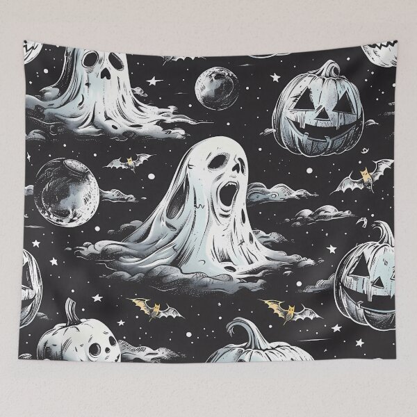 Item preview,  Title Spooky Ghosts and Pumpkins Halloween Pattern, Scary Black and White Design, Halloween Themed Apparel and Household Items designed and sold by MTJ-Mushrooms.