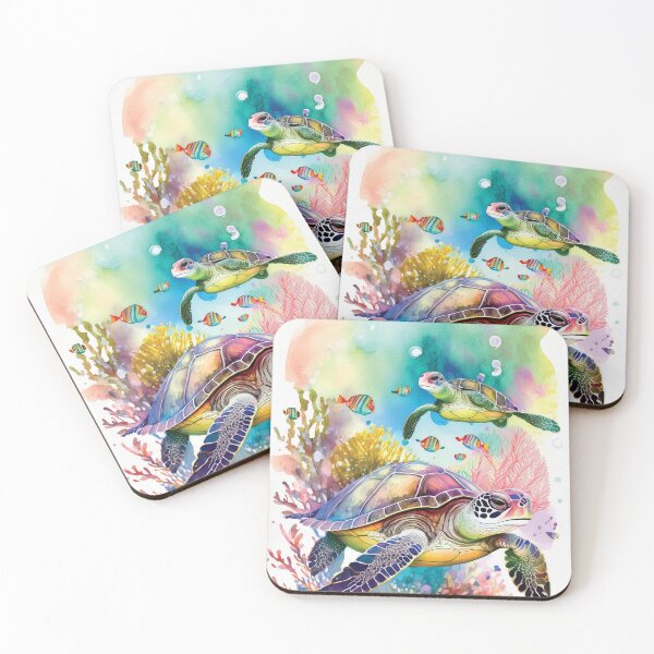 Artikelvorschau, Schildkröten unter Wasser in Aquarell mit Korallen, Muscheln und Algenblumen und Aquarellfischen entworfen und verkauft von navitalidesign.