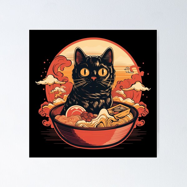Aperçu de l'œuvre Un chat mignon mange des ramen dans un bol rouge créée et vendue par TeeTemptation.