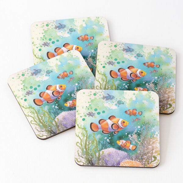 Artikelvorschau, Clownfisch, Nemo, Unterwasser in Aquarell mit Korallen, Muscheln und Algenblumen und Aquarellfischen entworfen und verkauft von navitalidesign.