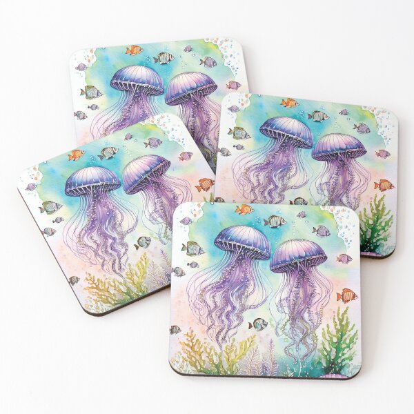 Artikelvorschau, Quallen unter Wasser in Aquarell mit Korallen, Muscheln und Algenblumen und Aquarellfischen entworfen und verkauft von navitalidesign.