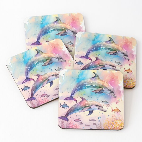 Artikelvorschau, Delfine unter Wasser in Aquarell mit Korallen, Muscheln und Seetangblumen und Aquarellfischen entworfen und verkauft von navitalidesign.
