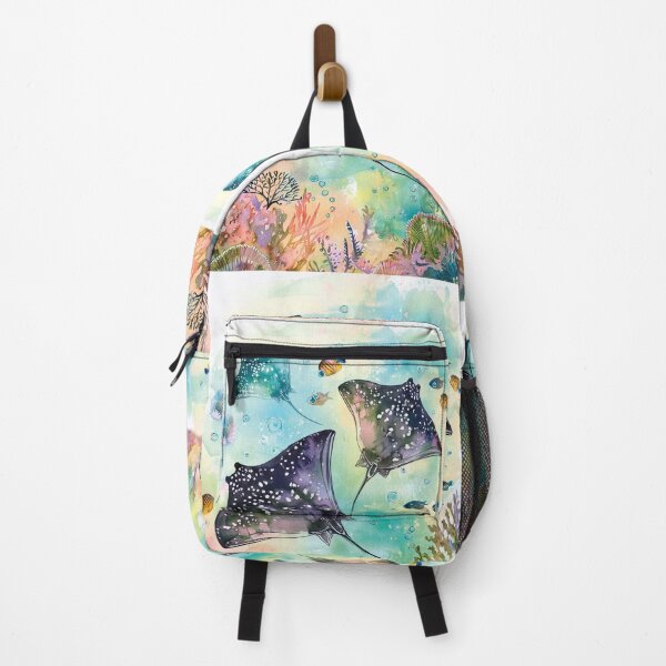 Item preview, Stingrays underwater in watercolor with corals, seashells and seaweed flowers and watercolour fish designed and sold by navitalidesign.