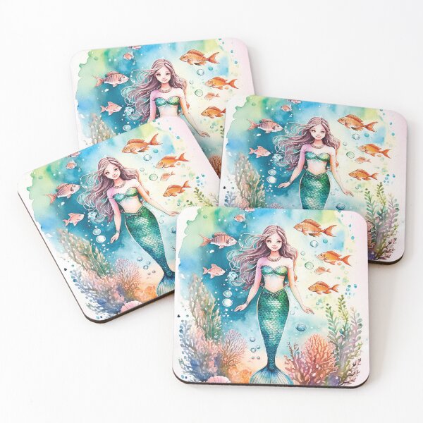 Artikelvorschau, Meerjungfrau unter Wasser in Aquarell mit Korallen, Muscheln und Algenblumen und Aquarellfischen entworfen und verkauft von navitalidesign.