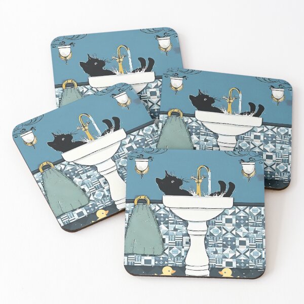 Item preview, Black cat washing its paws - funny art in the bathroom designed and sold by TArtWorkDesign.