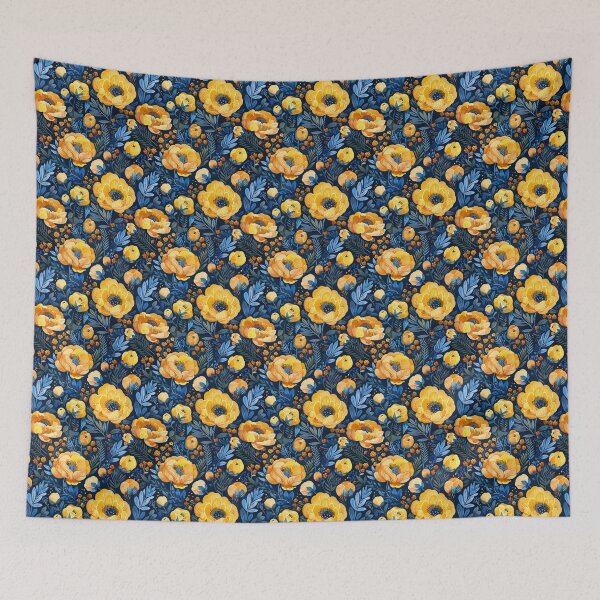Item preview, Yellow Peonies on navy blue pattern designed and sold by MendaciousMina.