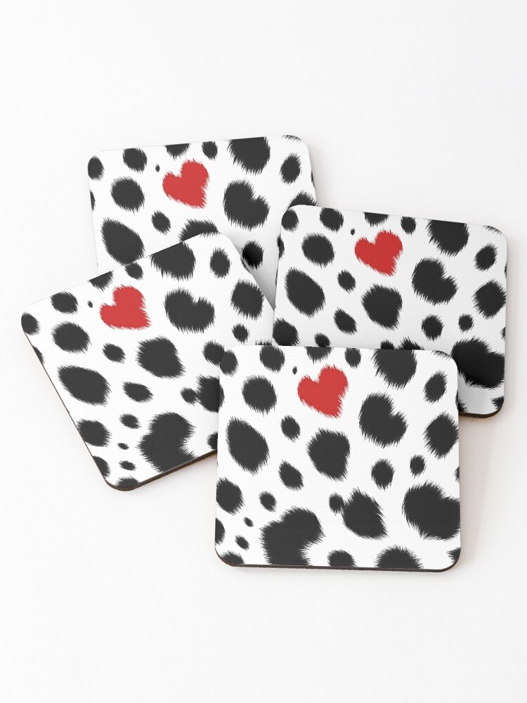Thumbnail 1 of 5, Coasters (Set of 4), Dalmatian Spots With Red Heart | Black And White Aesthetic designed and sold by K9ish.