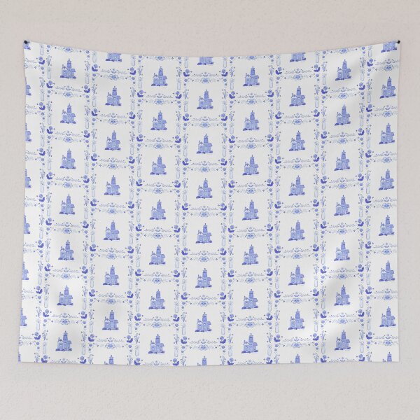 Item preview, Ceramic tile of a House with lighhouse tower blue monochromatic landscape, ceramic inspired  designed and sold by rizdrawings.