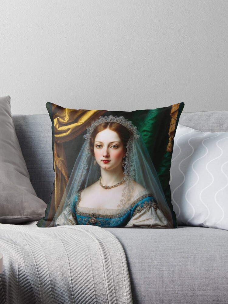 Exquisite Portrait of Duchess Pauliana Ricci in Blue Gown with Lace Veil Captivating AI Concept Art by Xzendor7 Decorative Art Print Throw Pillow