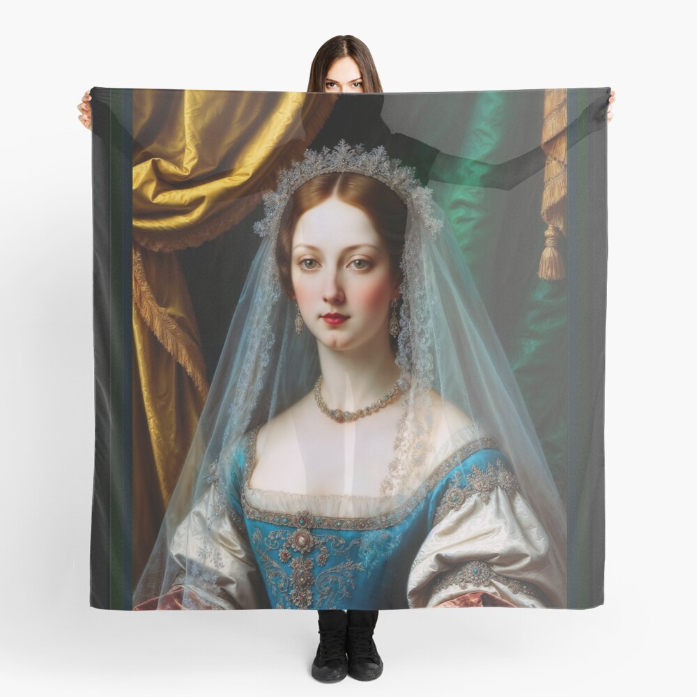 Exquisite Portrait of Duchess Pauliana Ricci in Blue Gown with Lace Veil Captivating AI Concept Art by Xzendor7 Decorative Art Print Ladies Scarf