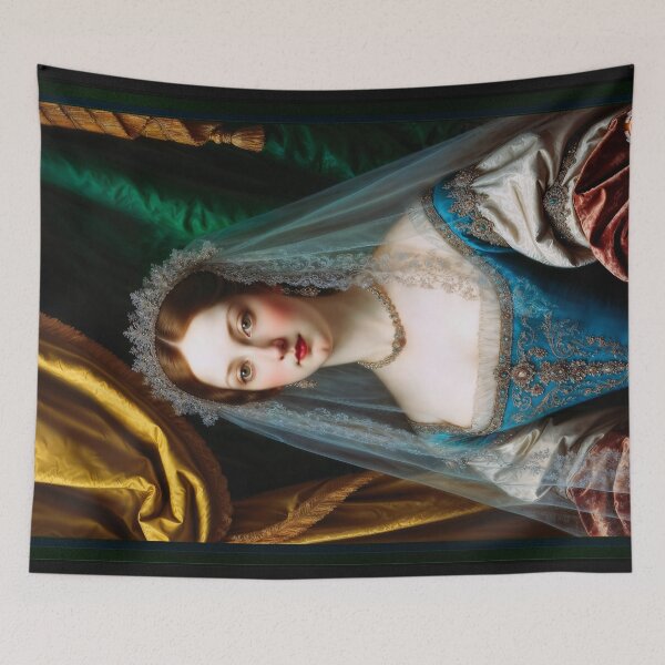 Item preview, Exquisite Portrait of Duchess Pauliana Ricci in Blue Gown with Lace Veil Captivating AI Concept Art by Xzendor7 designed and sold by Xzendor7 Digital Art Creations.