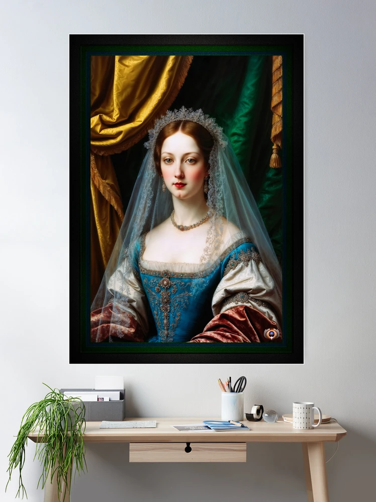 Exquisite Portrait of Duchess Pauliana Ricci in Blue Gown with Lace Veil Captivating AI Concept Art by Xzendor7 Wall Decor Poster Art Print