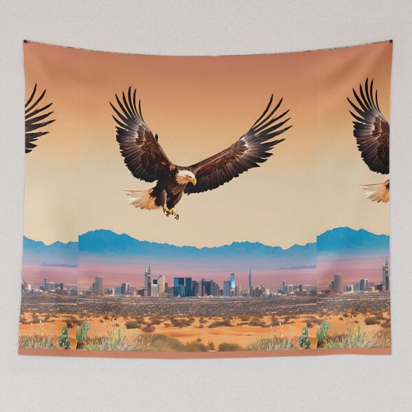 Item preview, Eagle in the desert over a city skyline designed and sold by Rainbow Paws Garden.