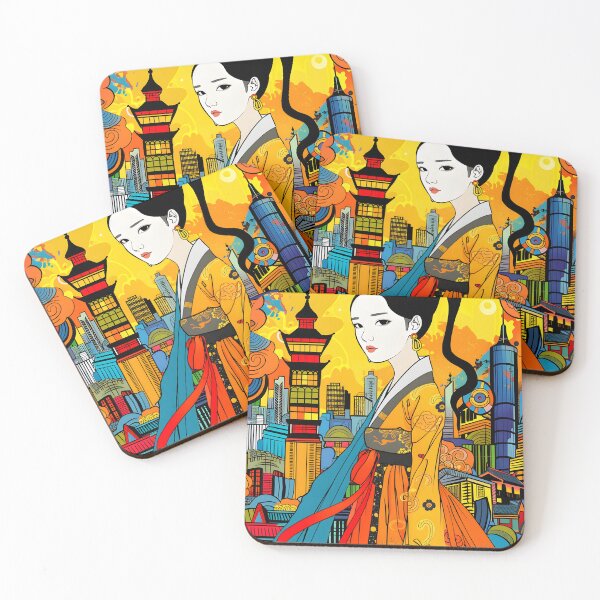 Item preview, Asian woman in traditional dress in vibrant urban setting designed and sold by Artessie.