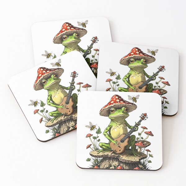 Item preview, Cottagecore Aesthetic Frog playing a banjo instrument on a log designed and sold by Invisible-Cult.