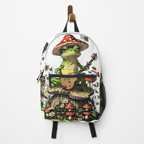 Item preview, Cottagecore Aesthetic Frog playing a banjo instrument on a log designed and sold by Invisible-Cult.