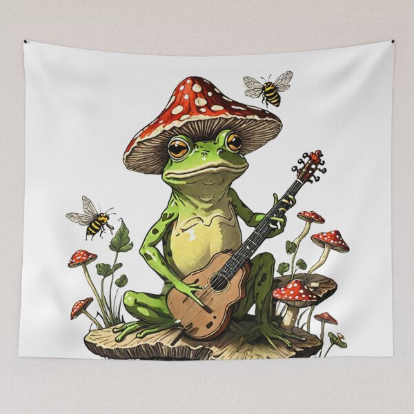 Item preview, Cottagecore Aesthetic Frog playing a banjo instrument on a log designed and sold by Invisible-Cult.