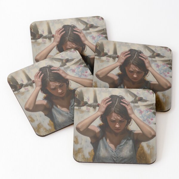 Item preview, Woman Holding Her Head Amidst Flying Hummingbirds in Contemporary Oil Painting designed and sold by Ninoshik.