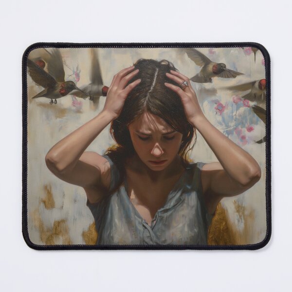 Item preview, Woman Holding Her Head Amidst Flying Hummingbirds in Contemporary Oil Painting designed and sold by Ninoshik.