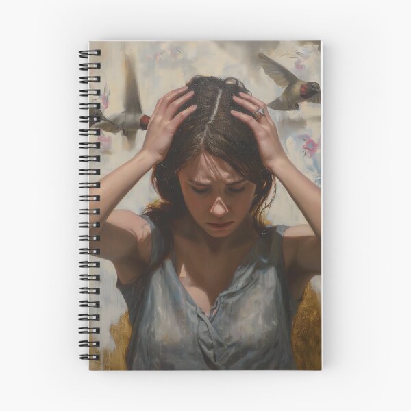 Item preview, Woman Holding Her Head Amidst Flying Hummingbirds in Contemporary Oil Painting designed and sold by Ninoshik.