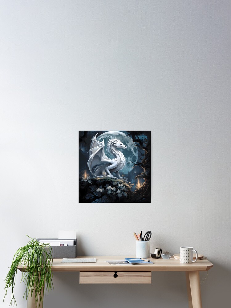 Thumbnail 2 of 3, Poster, Silver Dragon In the Moonlight designed and sold by FantasyFusion.