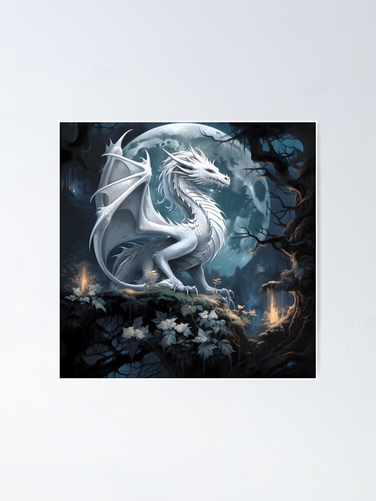 Thumbnail 1 of 3, Poster, Silver Dragon In the Moonlight designed and sold by FantasyFusion.