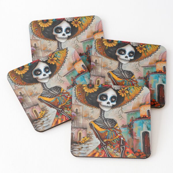 Item preview, Colorful Day of the Dead lady in vibrant street scene. designed and sold by Artessie.