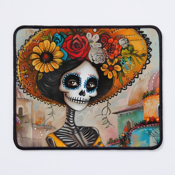 Item preview, Colorful Day of the Dead lady in vibrant street scene. designed and sold by Artessie.