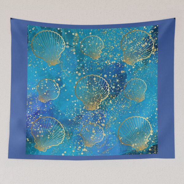 Aperçu de l'œuvre Motif de coquillage à paillettes bleues et dorées créée et vendue par SeaStarAlex.