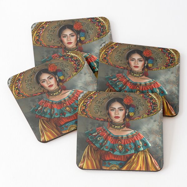 Item preview, Mexican woman in vibrant traditional attire with a large hat. designed and sold by Artessie.