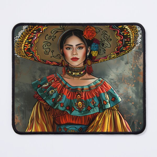 Item preview, Mexican woman in vibrant traditional attire with a large hat. designed and sold by Artessie.