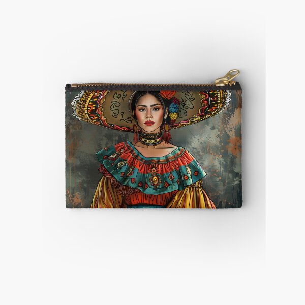 Item preview, Mexican woman in vibrant traditional attire with a large hat. designed and sold by Artessie.