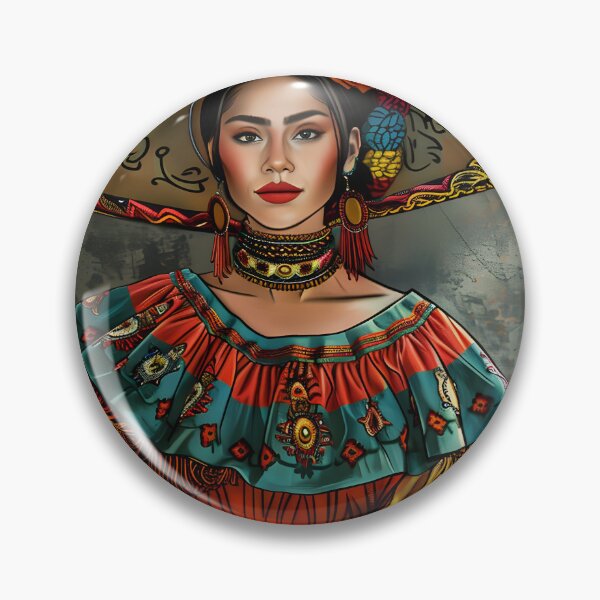 Item preview, Mexican woman in vibrant traditional attire with a large hat. designed and sold by Artessie.
