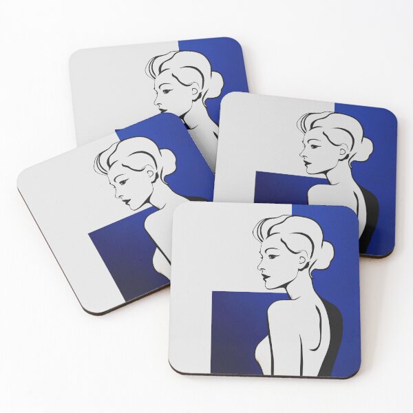 Item preview, Black and White Minimalist Woman on Blue Background designed and sold by SplashTastic.