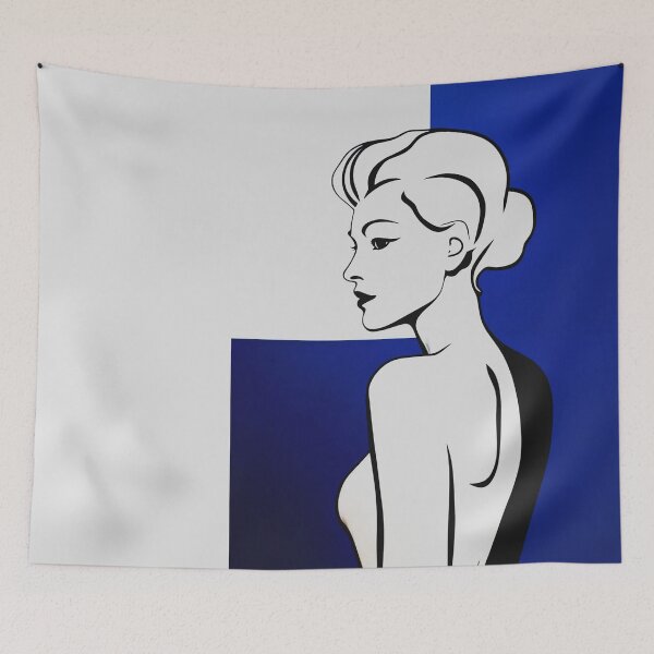 Item preview, Black and White Minimalist Woman on Blue Background designed and sold by SplashTastic.