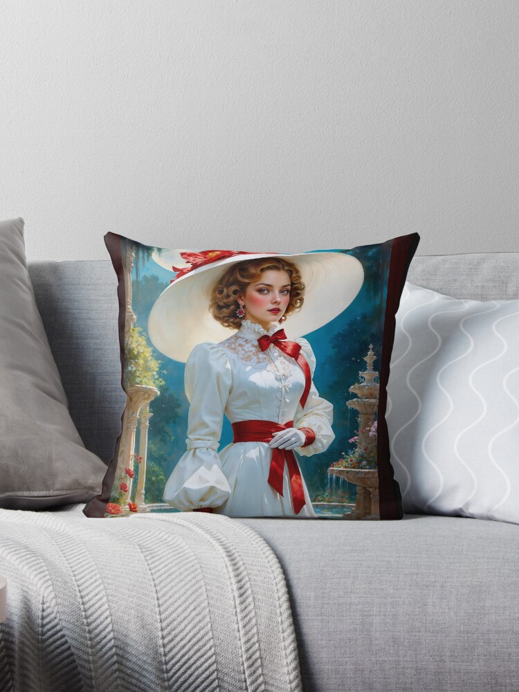 Vintage Art Portrait of an Elegant Woman in a Garden Beautiful AI Concept Art by Xzendor7 Decorative Art Print Throw Pillow