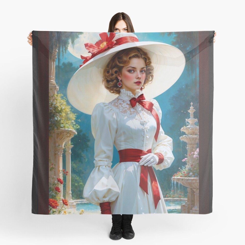 Vintage Art Portrait of an Elegant Woman in a Garden Beautiful AI Concept Art by Xzendor7 Decorative Art Print Ladies Scarf
