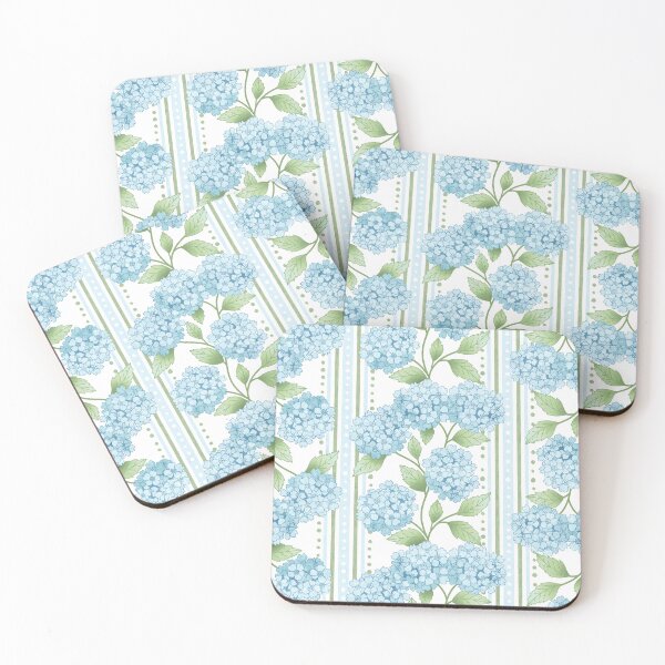 Item preview, Preppy Pastel Blue Hydrangea Floral on French Ticking  designed and sold by Perrin Le Feuvre.