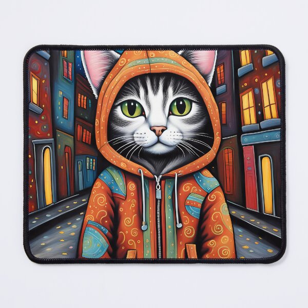 Item preview, Folk Art apprehensive Kitten wearing a hoodie in a big city back alley designed and sold by Colin Bentham.