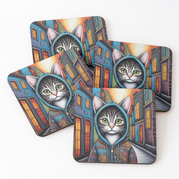 Item preview, Folk Art apprehensive Kitten wearing a hoodie in a big city back alley designed and sold by Colin Bentham.