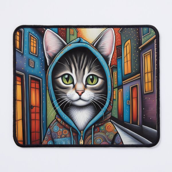 Item preview, Folk Art apprehensive Kitten wearing a hoodie in a big city back alley designed and sold by Colin Bentham.
