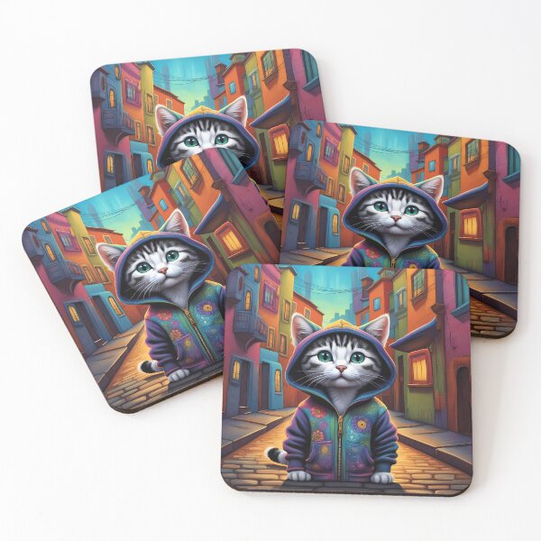 Item preview, Kitten wearing a hoodie in a big city back alley designed and sold by Colin Bentham.