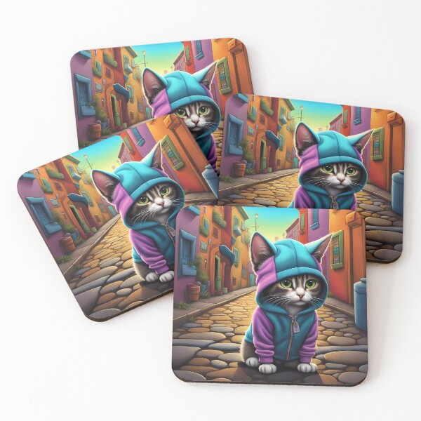 Item preview, Kitten wearing a hoodie in a big city back alley designed and sold by Colin Bentham.