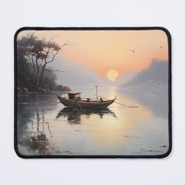 Item preview, Lonely boat in lake at sunrise - Moody landscape painting designed and sold by TheArtistOf2022.