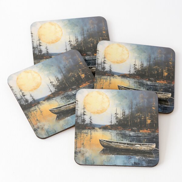 Item preview, Lonely boat in lake at sunrise - Moody landscape painting designed and sold by TheArtistOf2022.