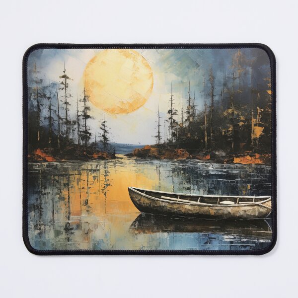 Item preview, Lonely boat in lake at sunrise - Moody landscape painting designed and sold by TheArtistOf2022.