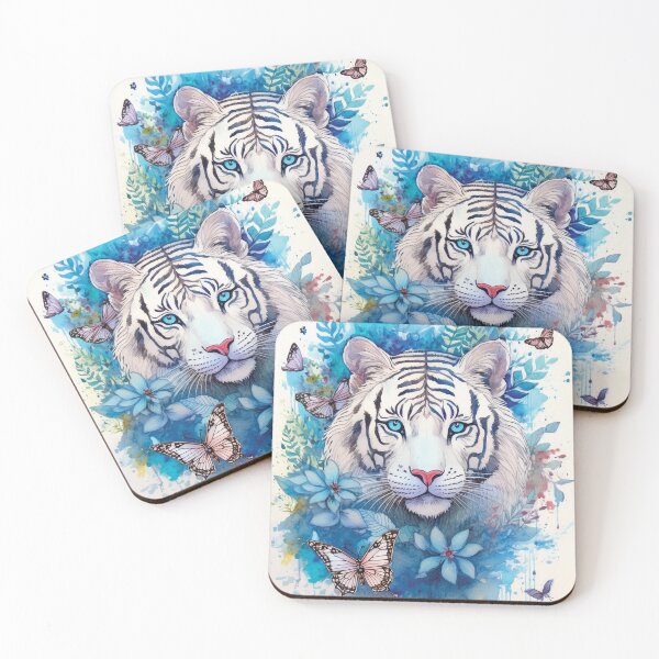 Item preview, White tiger in blue watercolor florals, flowers and watercolour butterflies  designed and sold by navitalidesign.
