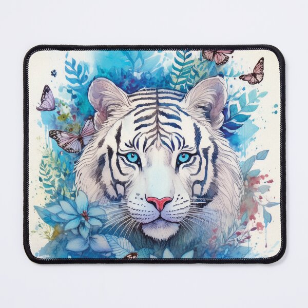 Item preview, White tiger in blue watercolor florals, flowers and watercolour butterflies  designed and sold by navitalidesign.